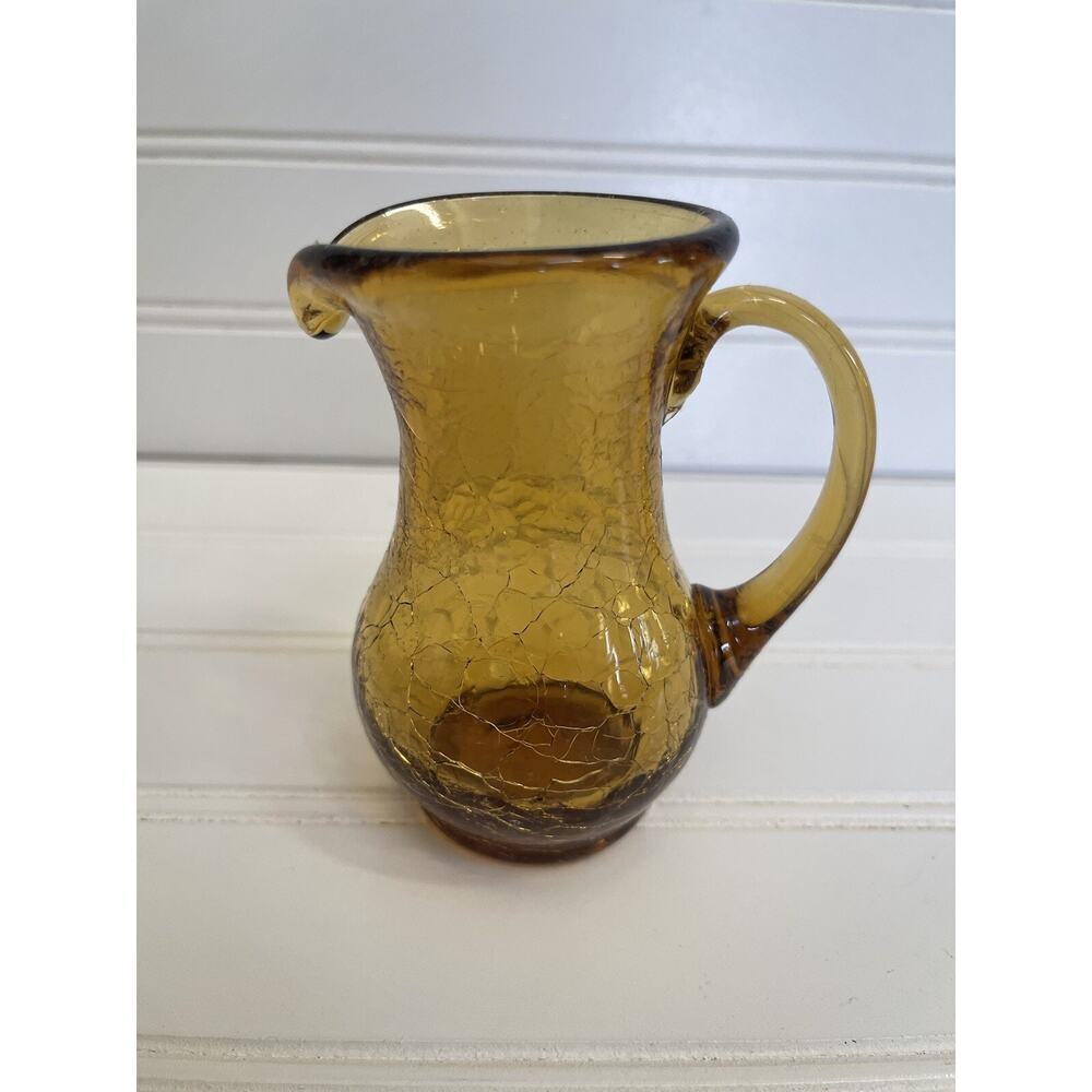 Vintage Pitcher Vessel Cottagecore MCM Amber Crackle Glass 4 1/4" Art Glass
